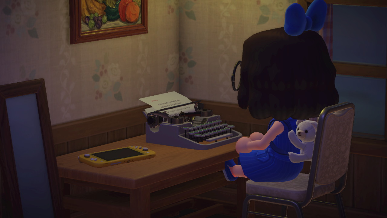 Interior de mi casa: mi personaje frente a una máquina de escribir y una Nintendo Switch Lite