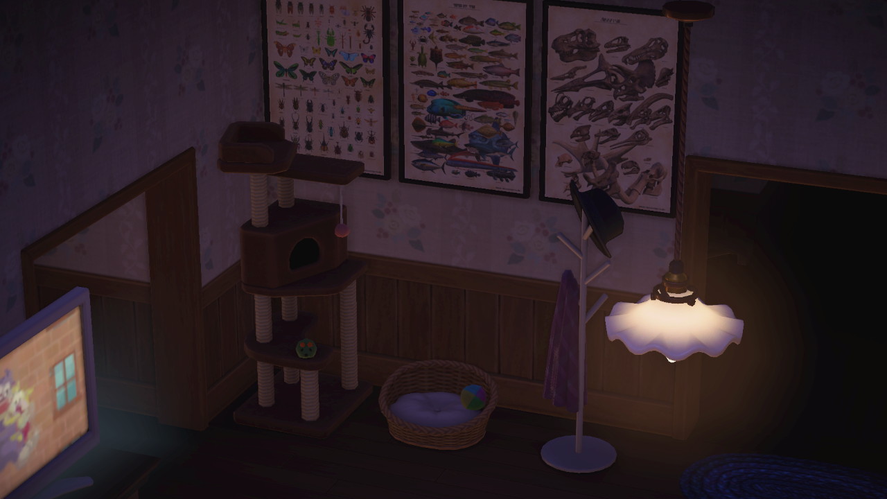 Interior de mi casa: rincón a oscuras, torre para gato, camita para gato y cuadros del museo